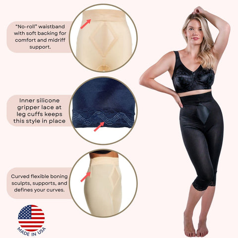High Waist Capri Pant Liner with Tummy Control Satin Panel | Memory Compression Fabric | Medium Support | Style 6266-2