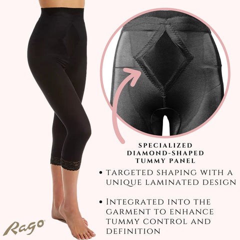 High Waist Capri Pant Liner with Tummy Control Satin Panel | Memory Compression Fabric | Medium Support | Style 6266-1