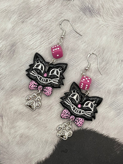 Retro Black Cat with Sparkle Paw Earrings-1