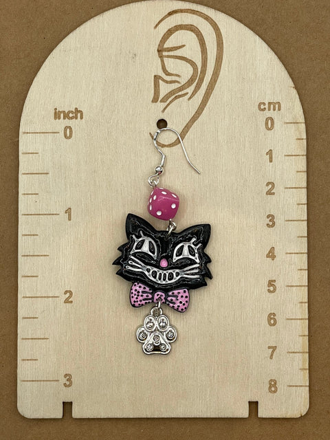 Retro Black Cat with Sparkle Paw Earrings-2