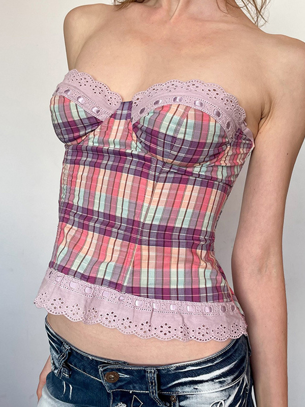 Bandeau-Top mit Patchwork-Brust und Spitze im Teenager-Stil-3