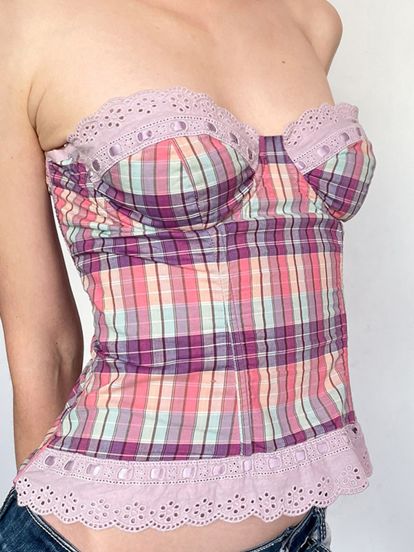 Bandeau-Top mit Patchwork-Brust und Spitze im Teenager-Stil-1