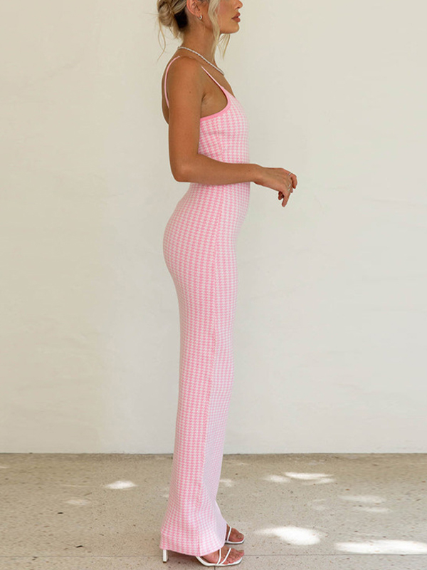 Retro-kariertes, rosafarbenes, schmal geschnittenes Maxikleid mit Hosenträgern-1