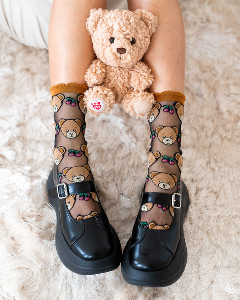 Teddy Bear Ruffle Black Sheer Crew Sock-1
